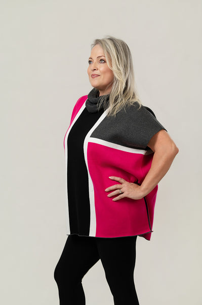 Marble Color Block Cowl Neck Poncho Sweater - Pink/Black/Grey/White