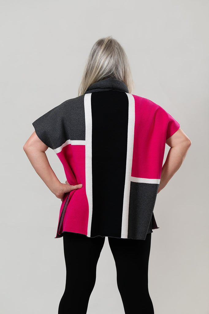 Marble Color Block Cowl Neck Poncho Sweater - Pink/Black/Grey/White