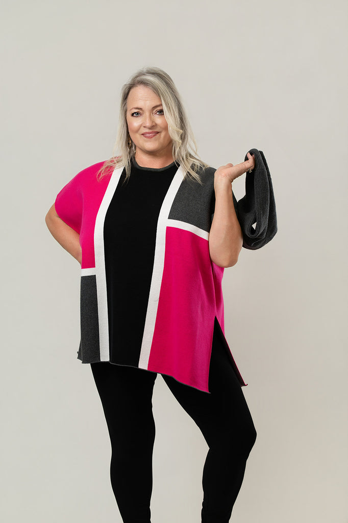 Marble Color Block Cowl Neck Poncho Sweater - Pink/Black/Grey/White