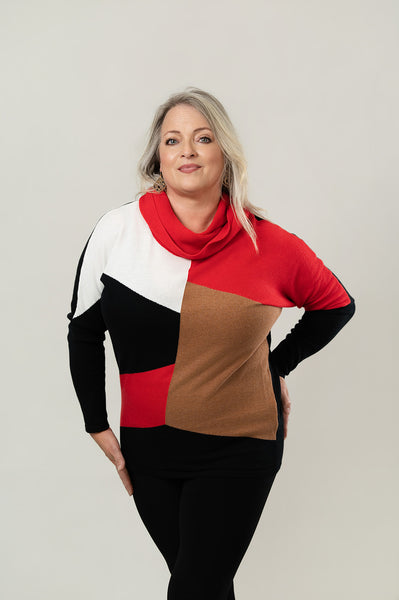 Marble Cowl Neck Color Block Sweater - Red/Black/Camel