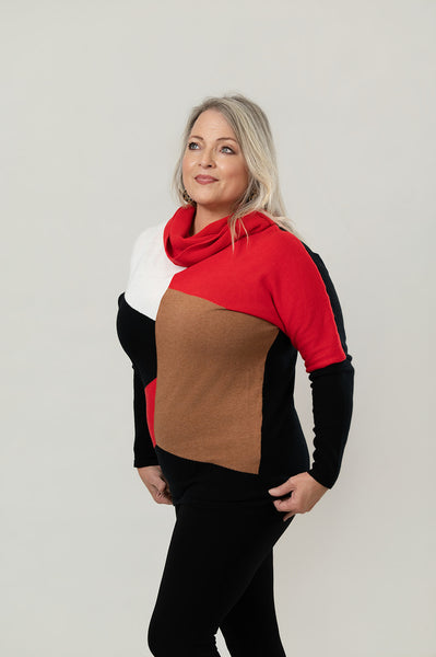 Marble Cowl Neck Color Block Sweater - Red/Black/Camel