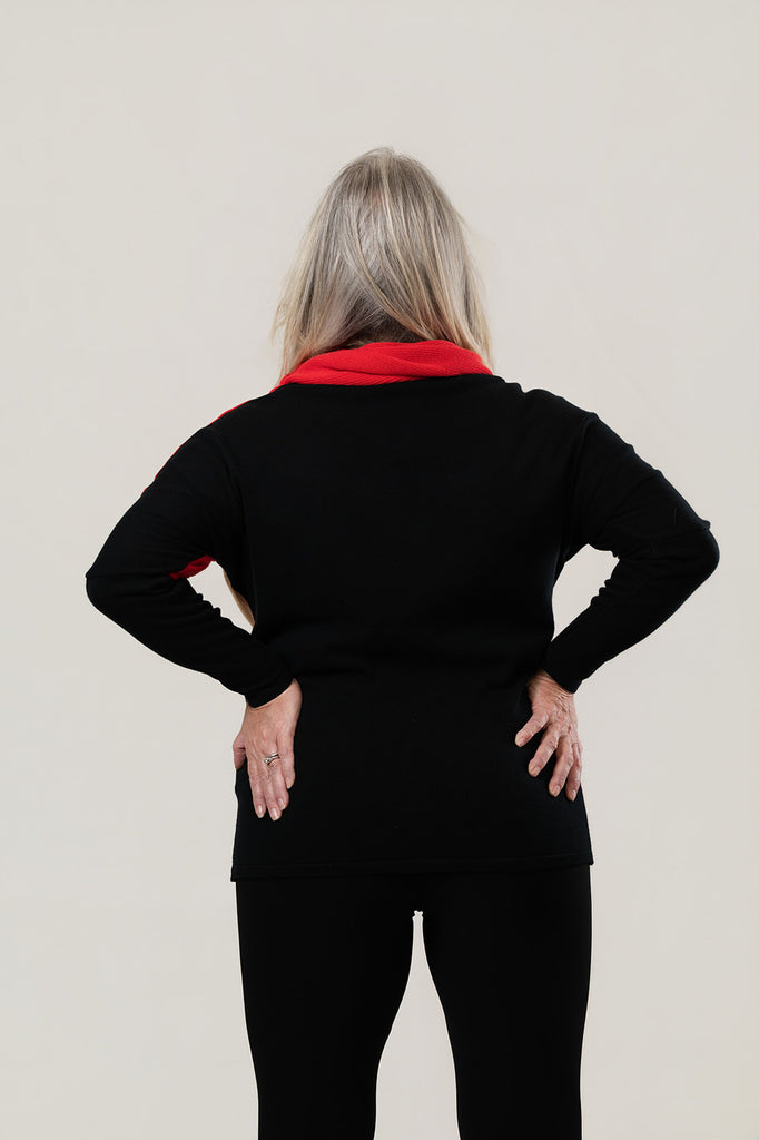 Marble Cowl Neck Color Block Sweater - Red/Black/Camel