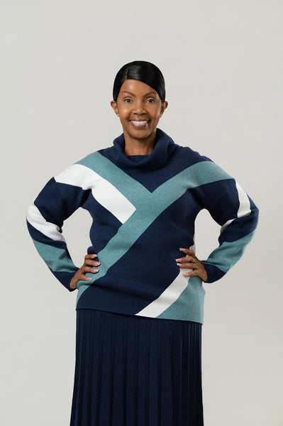Marble Diagonal Color Block Cowl Neck Sweater - Navy/Teal/White
