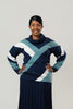 Image of Marble Diagonal Color Block Cowl Neck Sweater - Navy/Teal/White