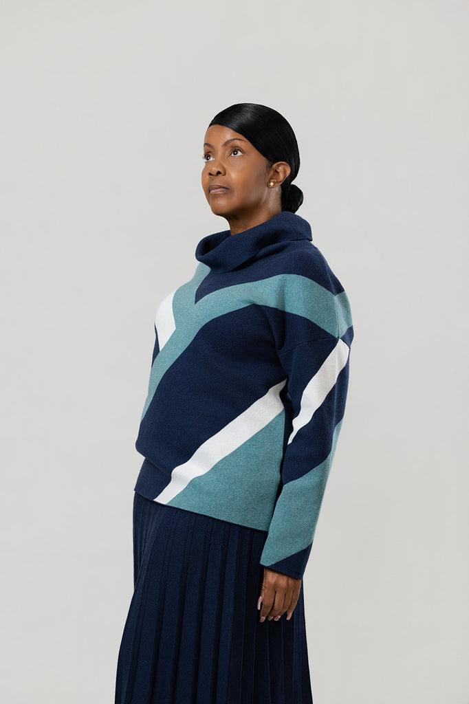 Marble Diagonal Color Block Cowl Neck Sweater - Navy/Teal/White