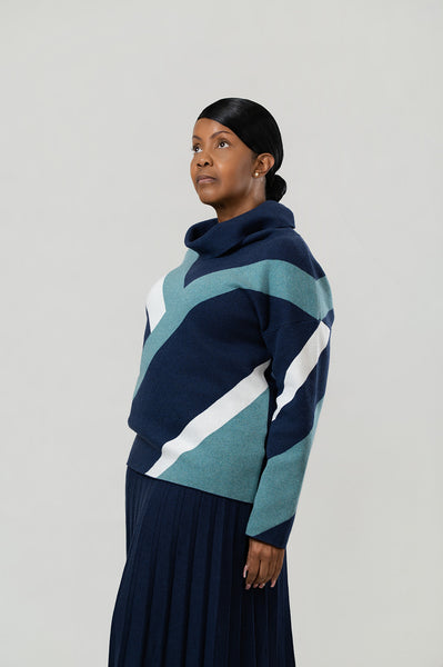 Marble Diagonal Color Block Cowl Neck Sweater - Navy/Teal/White