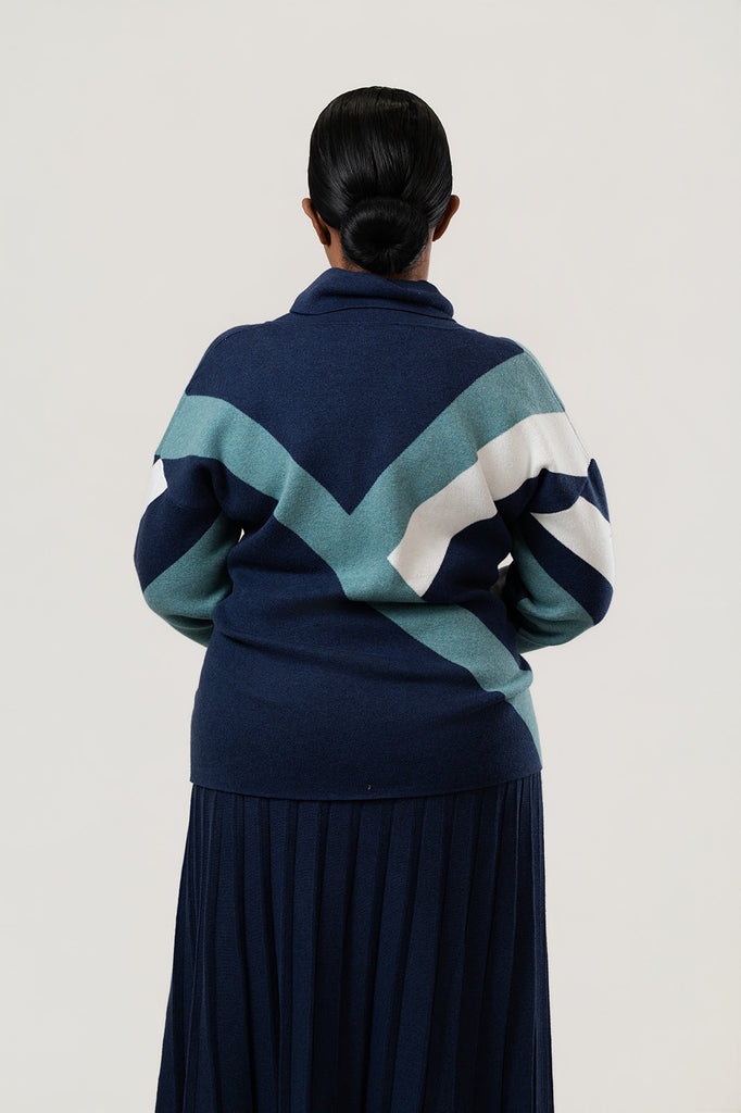 Marble Diagonal Color Block Cowl Neck Sweater - Navy/Teal/White