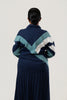 Image of Marble Diagonal Color Block Cowl Neck Sweater - Navy/Teal/White