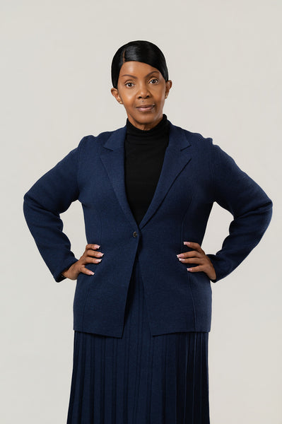 Marble One Button Sweater Knit Blazer - Navy