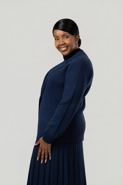 Marble One Button Sweater Knit Blazer - Navy