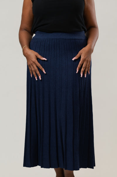 Marble Pleated Cotton Sweater Knit Skirt - Navy