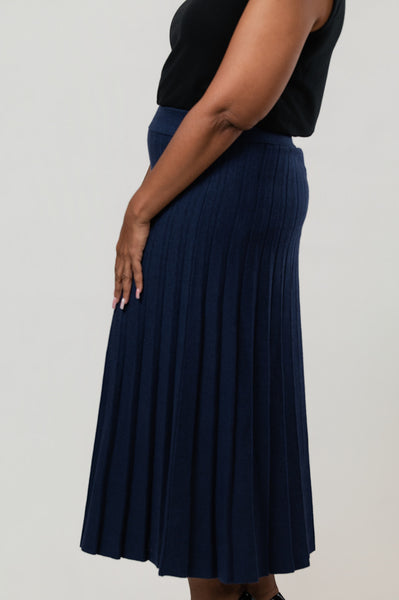 Marble Pleated Cotton Sweater Knit Skirt - Navy
