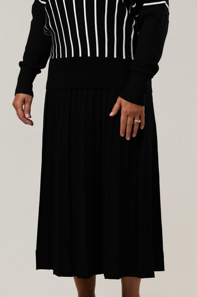 Marble Pleated Cotton Sweater Knit Skirt - Black