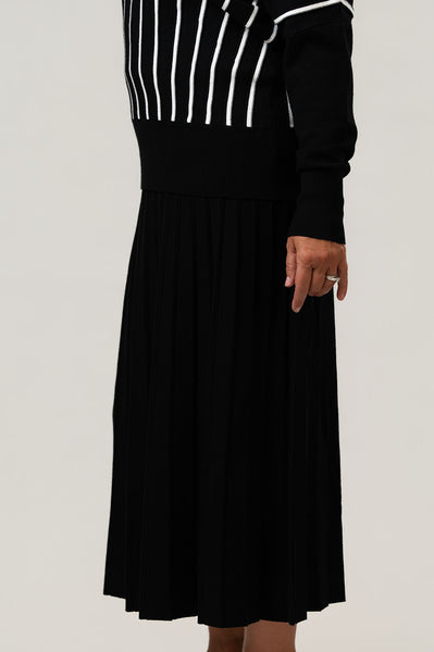 Marble Pleated Cotton Sweater Knit Skirt - Black