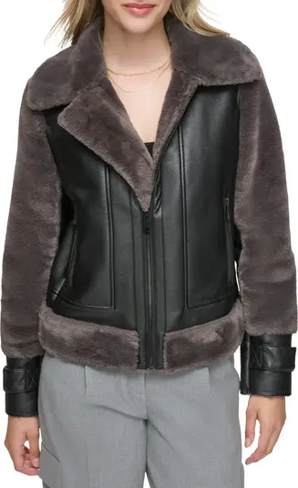 Andrew Marc Vellica Washable Faux Leather Aviator Jacket - Peppercorn