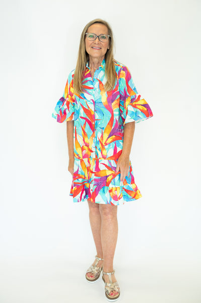 Maude Vivante Zara Button Front Cotton Shirt Dress - Marine Flora Print