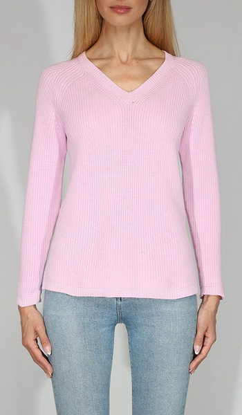 Metric Knits Shaker Knit V-Neck Cotton Sweater - Pale Pink