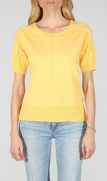 Metric Knits Short Perforated Puff Sleeve Seam Detail Knit Top - Lemon Drop