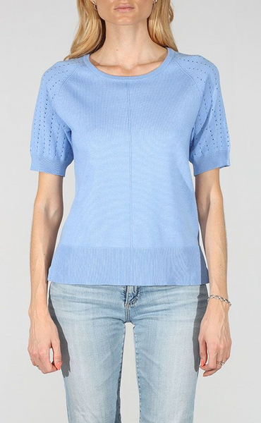 Metric Knits Short Perforated Puff Sleeve Seam Detail Knit Top - Light Denim