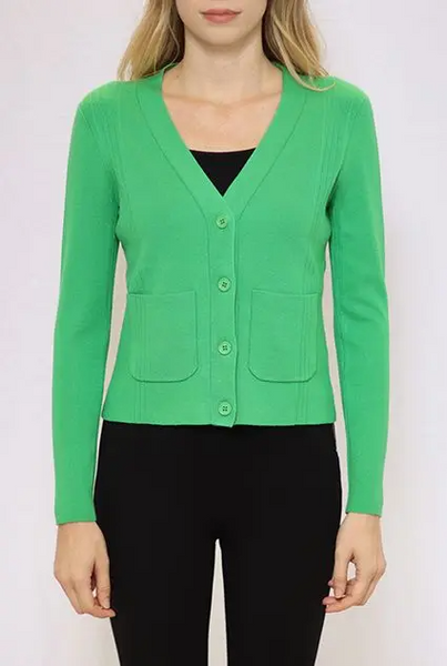 Metric Knits Button Front Patch Pocket Cardigan - Vibrant Green