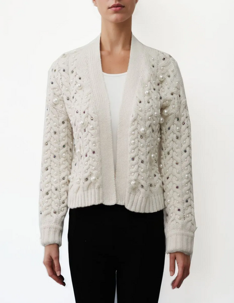 Metric Knits Embellished Cable Knit Open Front Cardigan - Ivory