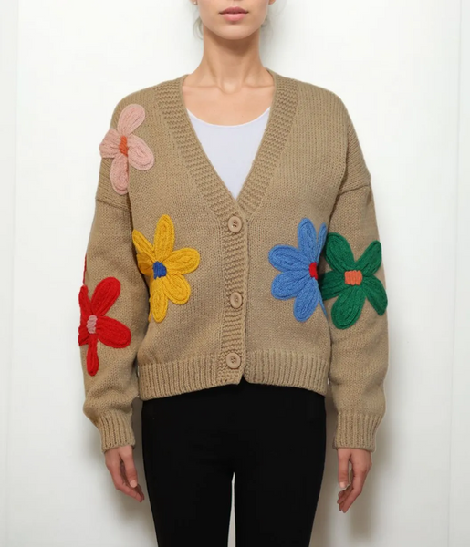 Metric Knits Floral Embroidery Button Front Cardigan - Camel Combo