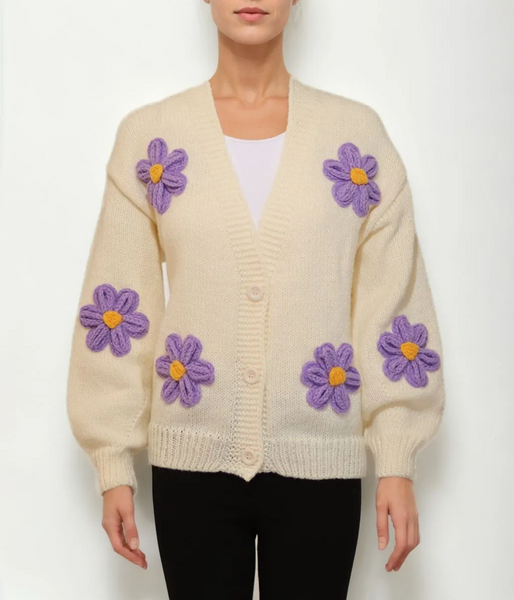 Metric Knits Flower Embroidery Cardigan - White Combo