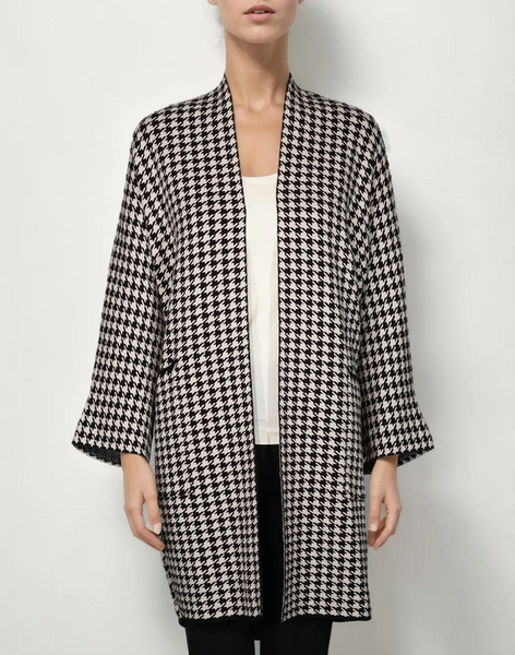 Metric Knits One Size Open Front Wide Sleeve Houndstooth Cardigan - Black/Beige