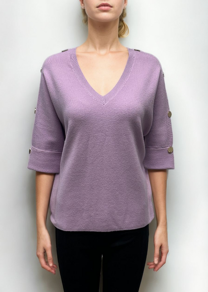 Metric Knits V-Neck Button Sleeve Sweater - Lilac