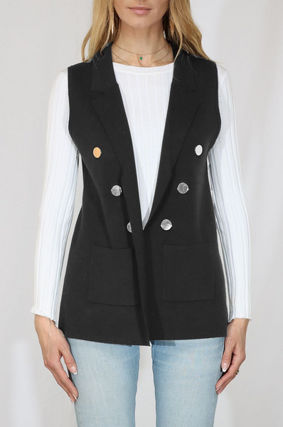 Metric Knits Faux Double Breasted Open Front Sweater Knit Vest - Black