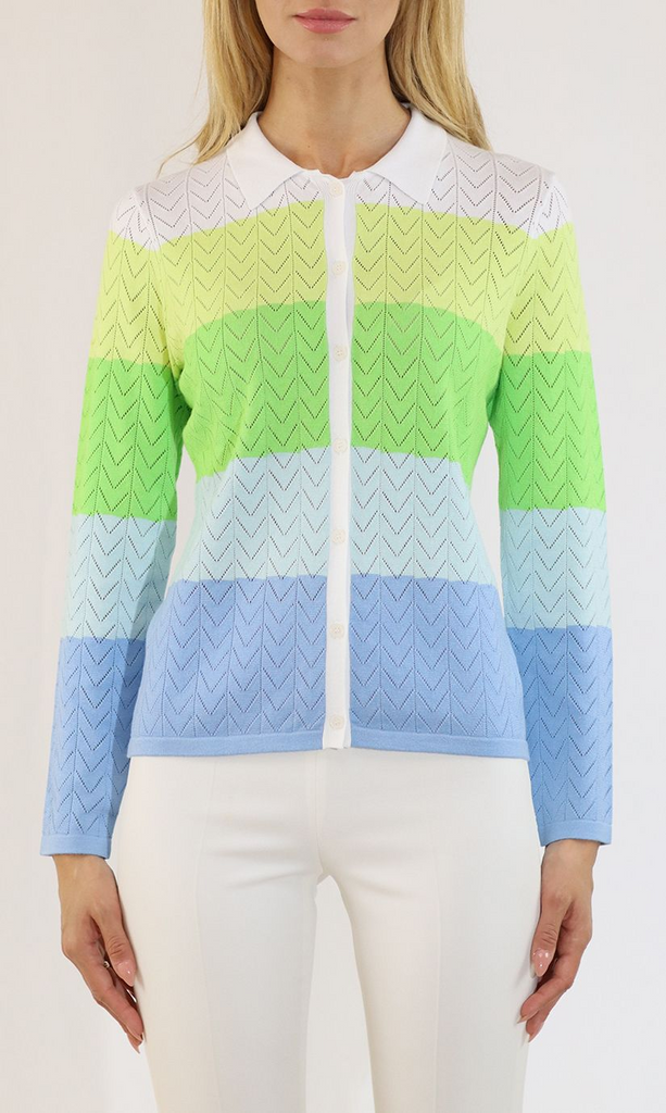 Metric Knits Collared Button Front Pointelle Sweater - Multicolor