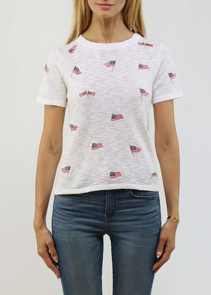 Metric Knits American Flag Embroidery Cotton/Linen Tee - White