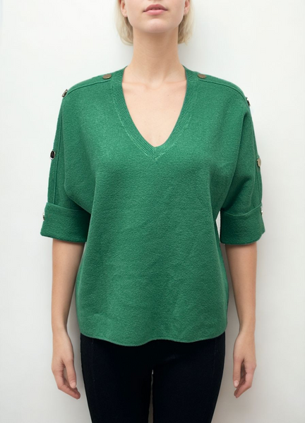 Metric Knits V-Neck Button Sleeve Sweater - Hot Mint