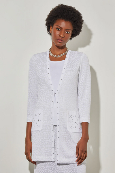 Ming Wang Metallic Stud Detail Textured Knit Jacket - White/Silver