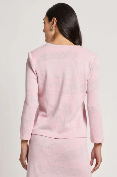 Ming Wang Abstract Shimmer Soft Knit Jacket - Rosy Blush/White