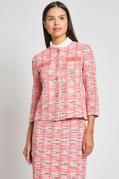 Ming Wang Button Front Closure Multicolor Plaid Knit Jacket - Sunkist Coral/Multicolor
