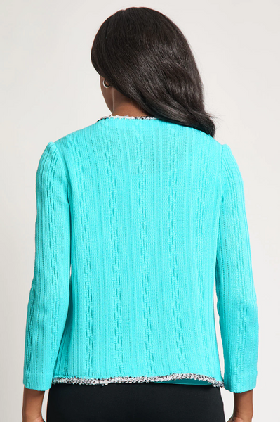 Ming Wang Eyelash Trim Textured Knit Jacket - Calypso Blue/Black/White