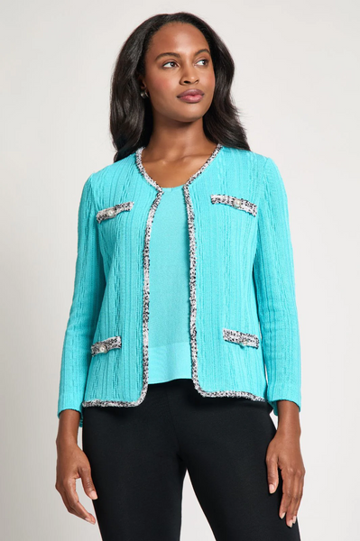 Ming Wang Eyelash Trim Textured Knit Jacket - Calypso Blue/Black/White