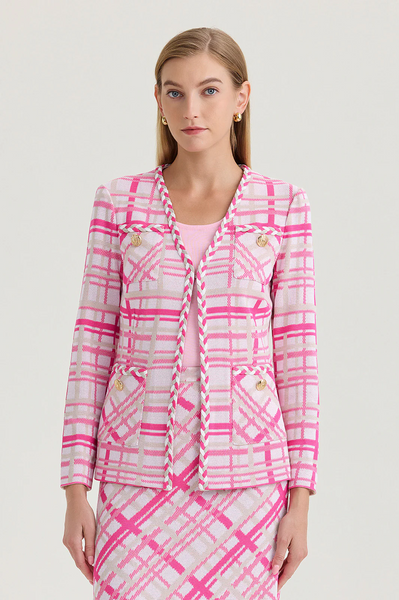 Ming Wang Heritage Braided Trim Long Sleeve Plaid Knit Jacket - Carmine Rose/Multicolor