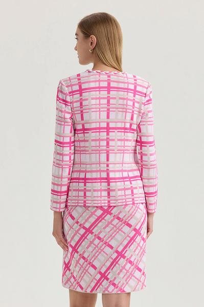 Ming Wang Heritage Braided Trim Long Sleeve Plaid Knit Jacket - Carmine Rose/Multicolor