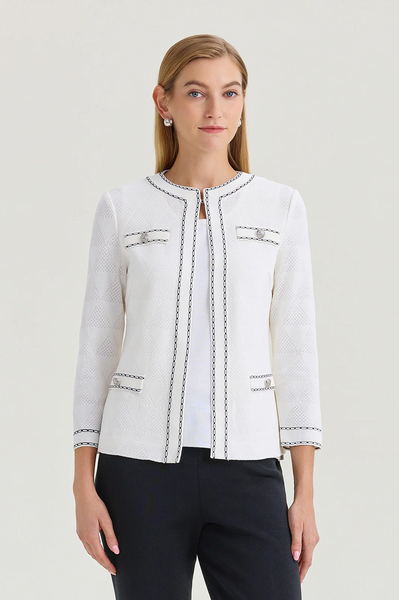 Ming Wang Heritage Tonal Diamond Pattern Contrast Trim Jacket - White/Black