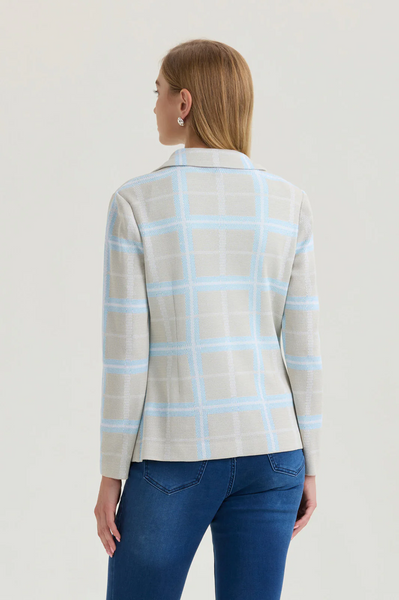 Ming Wang Heritage Decorative Button Detail Plaid Knit Jacket - Limestone/Serene/White