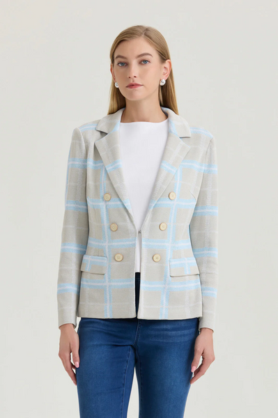 Ming Wang Heritage Decorative Button Detail Plaid Knit Jacket - Limestone/Serene/White