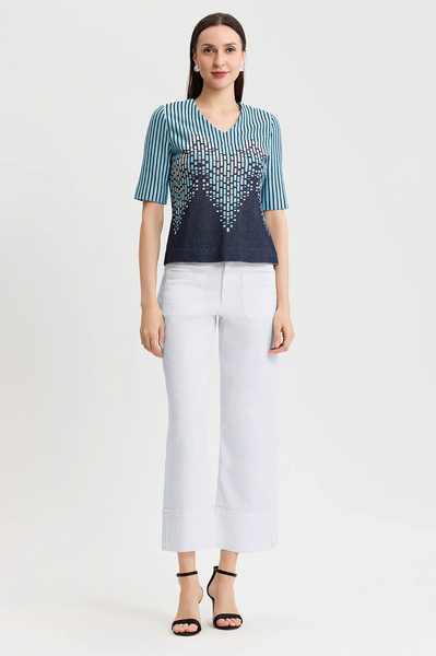 Ming Wang Short Sleeve V-Neck Linear Ombre Soft Knit Top - Indigo/Multicolor