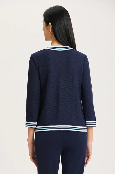 Ming Wang Heritage Contrast Trim Tonal Herringbone Knit Jacket - Indigo/Multicolor