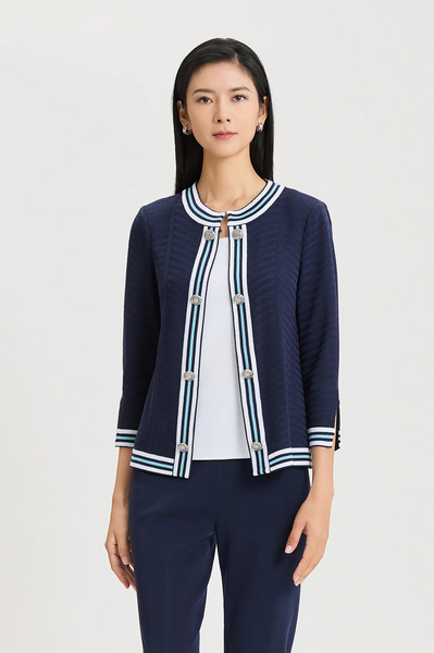Ming Wang Heritage Contrast Trim Tonal Herringbone Knit Jacket - Indigo/Multicolor