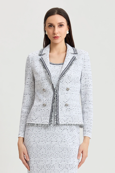 Ming Wang Heritage Faux Double Breasted Eyelash Trim Knit Jacket - White/Indigo