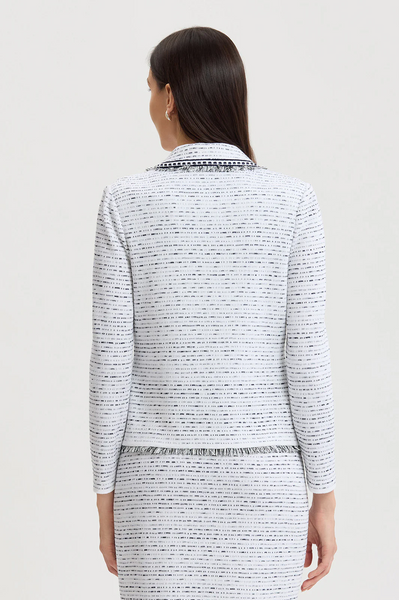 Ming Wang Heritage Faux Double Breasted Eyelash Trim Knit Jacket - White/Indigo
