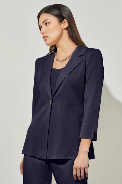 Ming Wang Single Breasted Notched Lapel Knit Blazer - Indigo Blue