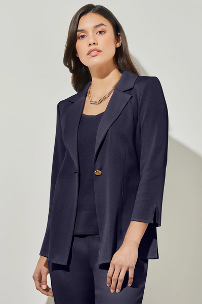 Ming Wang Single Breasted Notched Lapel Knit Blazer - Indigo Blue